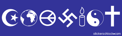 Doctored coexist sticker with Nazi/Hindu/Jain/Buddhist/Native American/Aviator/etc swastika, not Jewish star