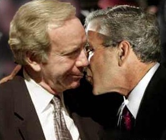 Lieberman, Bush, in their famous "The Kiss" photo